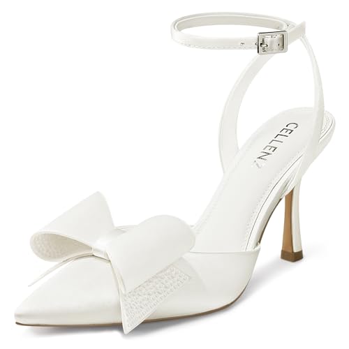 CELLENZ Womens Bow Kitten Pumps: Rhinestone Elegant Comfortable Heels - White Satin Bow Bridal Heel Pumps - Wedding Shoes for Bride Prom Size 8.5