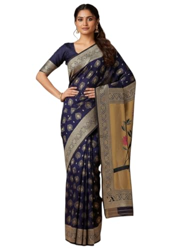 Buy Yashika Women's Banarasi Silk Jacquard Floral Woven Saree Blue - Image 2