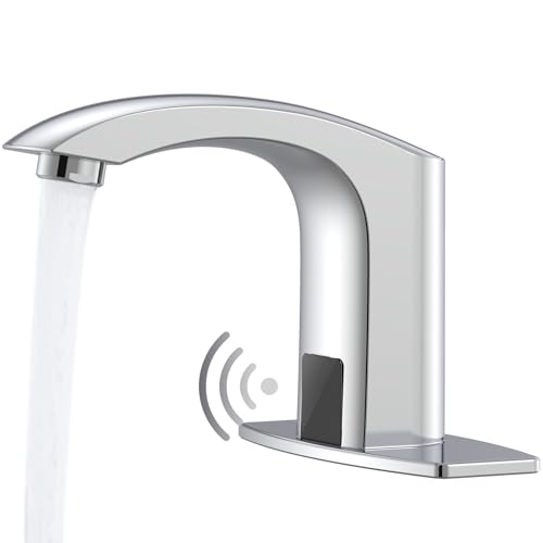 Image of Touchless Bathroom Sink Faucet, Greenspring Automatic Sensor Faucet, Hands Free Vanity Faucets, Commercial Deck Mount Bathroom Faucet with Cover Plate, Chrome