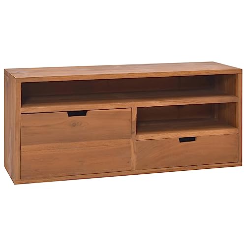 Foknhdi Mueble para TV de 90 x 30 x 40 cm de madera maciza de teca – Mueble bajo rústico en estilo escandinavo vintage – Mesa de televisión hecha a mano con 2 cajones para salón