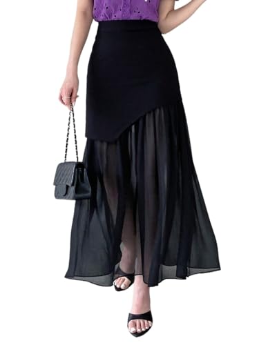 Solid Color Mesh Maxi Skirt Year-Round Ruffle Basic Women's Summer Casual Vinage Skirt
