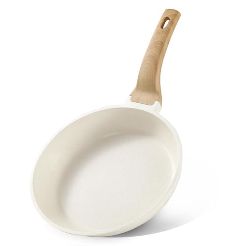 XIULIUU Non Stick Frying Pan, 24cm Nonstick Granite Fry Pan Egg Pan Omelet Pan, Stone Cookware Chef's Pan, PFOA-Free Flat Skillet with Heat-Resistant Handle (White Granite)