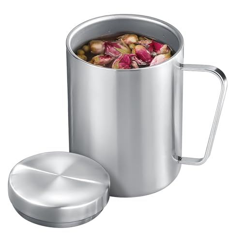Tazas y tazas de acero inoxidable, tazas de metal de 500 ml, 400 ml, 300 ml, 200 ml, taza de café y té aislada con tapa y asa para camping y uso diario, doble pared a prueba de fugas (plata, 500 ml)