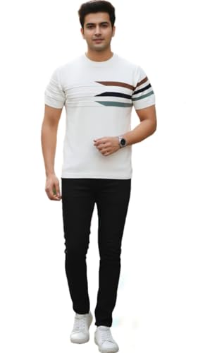 Image of Eonix Mens Regular Fit Round Neck Tshirt with Multicolored Lines Comfortable Cotton Blend Tee for Everyday Wear