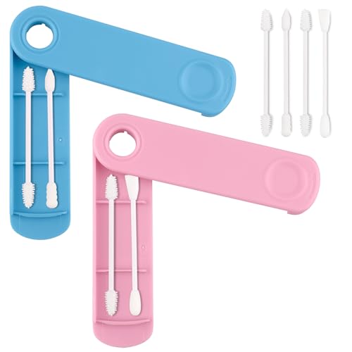 AUMIO Reusable Cotton Swabs for Ear Cleaning - The Sustainable and Sanitary Alternative to Single-Use Q Tips - Zero Waste and Easy to Clean - Comes with a Convenient Travel Case Holder - Blue and Pink