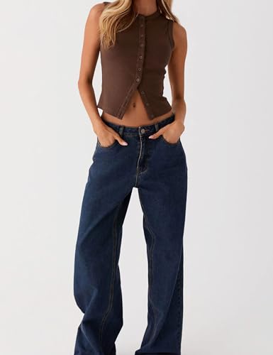 Image of Bozanly Womens Button Down Ribbed Tank Top Summer Sexy Sleeveless Slim Fit Y2k Crop Going Out Tops(0947-Coffee-XS)
