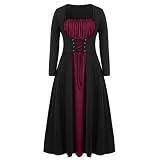 Lazzboy Halloween Kostüm Damen Frauen Langarm Bandage O-Neck Pachwork Solid Neuheit Kleid Spitze Bluse Tunika Gothic Hexe Cosplay Oberteil(Rot,5XL)