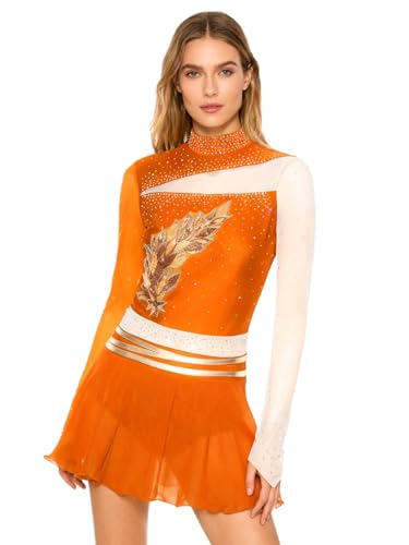 Yhong Vestido de patinaje artístico para mujer, manga larga, vestido de calabaza con pedrería, malla empalme, vestido de baile, maillot con falda, disfraz de baile, naranja, XXL