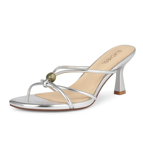 SLXCHBSL Womens Kitten Heels Sandals Round Open Toe Strappy Low Heels Slip On Heeled Sandals Comfortable Mules Shoes for Dress Party 2.7 Inch Silver Size 8