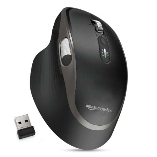 Image of Amazon Basics Ergonomic Wireless Mouse, Bluetooth + 2.4 GHz, Silent Clicks, Side Scroll Wheel, 5 Adjustable DPI Settings up to 4800, Connects up to 3 Devices, Rechargeable, For PC, Mac, Laptop (Black)