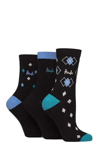 Pringle of Scotland Womens Patterned Cotton Socks Pack of 3 (UK 4-8 Black Argyle)