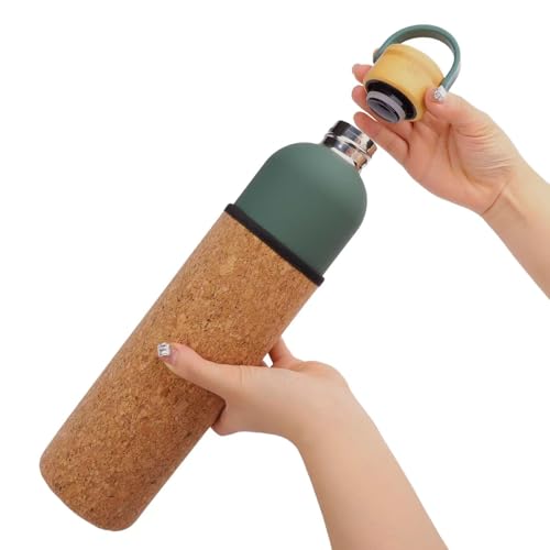 LEIZIHUAJIA Sauna Water Bottle - 32oz/1L Cold Water & Cool to Touch Even in Hot Saunas Natural Cork and Neoprene Outer Layer Double Wall Insulated Steel Bottle Green