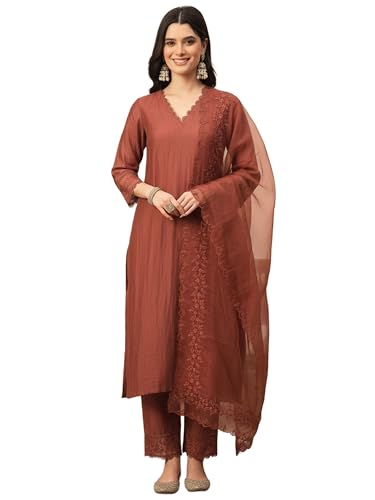 Image of FABIAN FASHION Women's Maroon Straight Kurta Palazzo Pant with Organza Dupatta Set Festive Ethnic Wear(ES 2537)