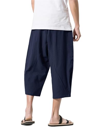 Men's Long Linen Shorts Loose Harem Pants Below Knee Pocketed 3/4 Summer Elastic Waist Drawstring Capri Pant for Men3