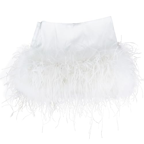 LVCOMEFF Satin Silk Mini Skirt with Feather Trim Skirt Low Waisted A-Line Short Skirt Y2k Club Outwear