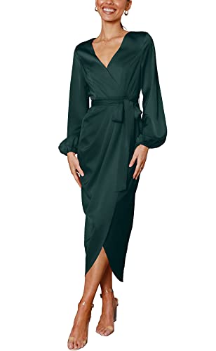 Womens Wedding Guest Dress Deep V-Neck Tie Waist Split Midi Formal Dress Green L #TOP8