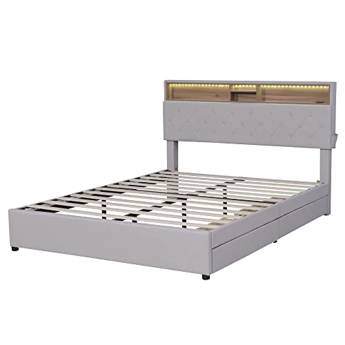 Queen Size Led Bed Frame With Storage Headboard And Drawers, Modern Upholstered Platform Bed With Usb Charging, Button Tufted Bed Frame With Hidden Storage, No Box Spring Needed, Beige #TOP4