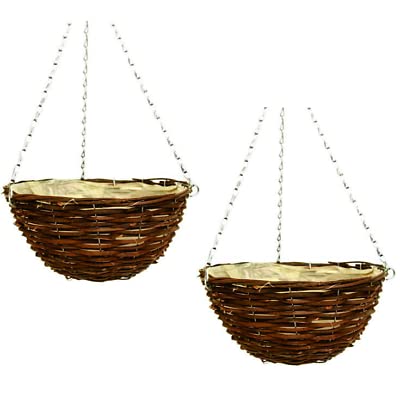Fyne-Finds Set of 2, 36cm 14Inch Dark Brown Wicker Hanging Basket Lined Rattan Willow Planter With Liner Metal Chain