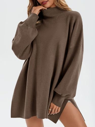 Saodimallsu Womens Turtleneck Oversized Sweaters Puff Sleeve Side Slit Casual Knit Tunic Pullover Tops3