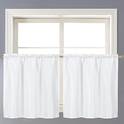 Home Queen White Waffle Bathroom Window Curtains, Water Repellent Rod Pocket Short Kitchen Drapes For Small Window, 2 Panels, 36 W X 36 L Inch Each #TOP7