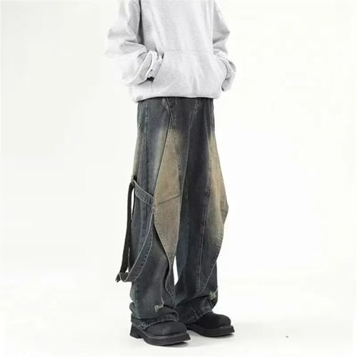 Men’S High Street Retro Washed Patchwork Straight Denim Jeans Slim Fit High Waist Button Fly Lightweight Fashion Jeans4