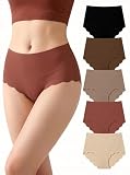 LOFIR Bragas Sin Costuras Mujer Invisibles: Braguitas de Cintura Alta Ropa Interior con Bordes Ondulados de Microfibra para Yoga Leggings Falda Vaqueros Pack de 5 Oscuro L