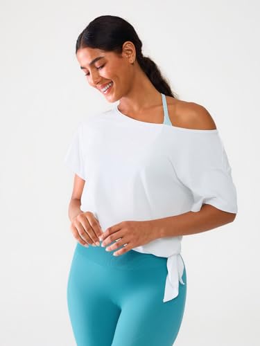 BRXL Womens Off The Shoulder Tops Oversized Drop Shoulder T-Shirts Short Sleeve Moisture Wicking Workout Crop Top White — view 4
