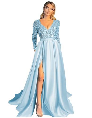 Women's Sparkly Sequin Prom Dress with Pockets Long Sleeve Ball Gown Satin Formal Evening Dress with Slit UU56