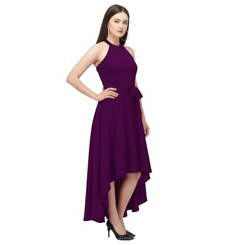 Image of Women Fit & Flare High Low Midi Dress | Sleeveless Round Neck One Piece Dress with Waist Tie Detail | Flowy Western Dress for Party and Casual Styling