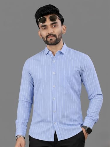 Image of MILDIN Men's Pure Cotton Striped Printed Shirt with Spread Collared Neck Full Sleeve Curved Hemline Button Closure and Regular Fit | Shirt for Man