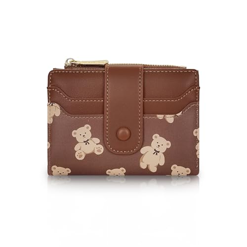 Cute Wallet for Women, Bear Print Zip Bifold Wallet with Front Card Slot, ID Window, Cash Slot, Short Women Wallet Elegant Youthful and Cute (Brown)