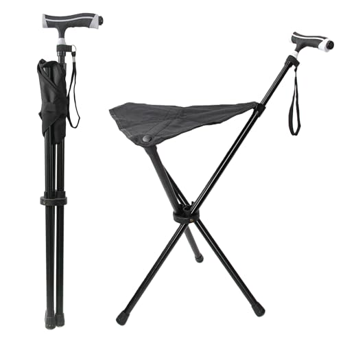 FATTCHIAR Cane with Seat, Adjustable Height 34.2'-39.7' Walking Stick with Light, Cane Chair Capacity 220lbs, Folding Lightweight Portable Stool for Adults Seniors-Black