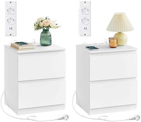 VASAGLE Nightstand with Power Strip, Set of 2, Side Table, 2 Draw...