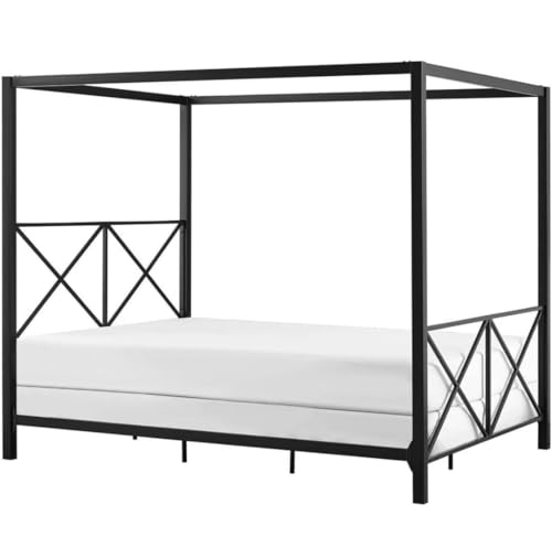 Image of Metal King Size Poster Bed Without Storage | Wrought Iron Canopy King Poster Bed Frame with Headboard & Footboard | Cot Without Storage | Metal Furniture for Bedroom, (Design 3-Black)