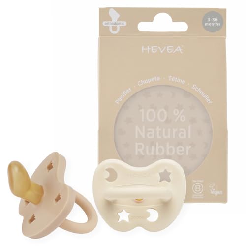 Image of HEVEA Natural Rubber Pacifier Orthodontic 3-36 Months - Hygienic One Piece Design for Newborns to Toddlers, BPA-Free, Soft & Durable - Two-Pack (Milky White & Sand)