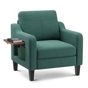 Accent Chair for Living Room Modern Linen Upholstered Armchair Side Wooden Fabric Sofa Chair with Foldable Table 2 Side Pockets Comfy Reading Chair for Bedroom