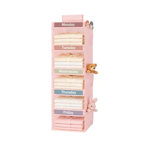 Weekly Clothes Organizer for Kids, 5-Shelf Kid Hanging Closet Organizer w/ 6 Side Pockets, Labeled Weekly Outfit Organizer for Kids, Days of The Week Clothes Organizer Monday Through Friday Pink