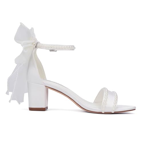Bow Heels Pearl Wedding Shoes for Bride Low Block Heel Wedding Sandals Open Toe Bridal Shoes4