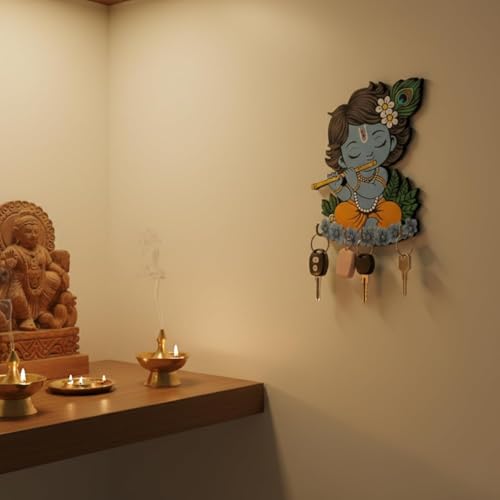 Image of JIVAY Baby Krishna Decorative Wall Mounted Key Holder for Home | Wooden Key Hanger with 7 Hooks | Designer Key Stand for Living Room, Entrance & Office (Blue Krishna Key Holder) Pack 2