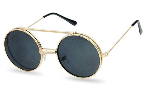 Round Circular Django Flip-Up Steampunk Inspired Metal Two in One Sunglasses (Gold | Smoke Lens, 53)