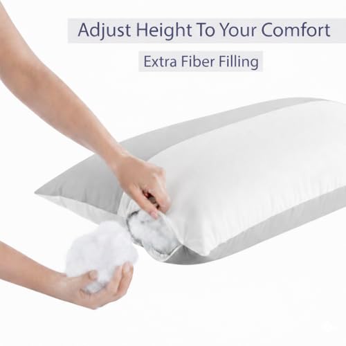Image of ARLinen Hollow Fiber Sleeping Pillow - Set of 1, Height Adjustable, Soft & Fluffy Comfort, White & Grey, 36x20 Inch with 300g Extra Fiber for Custom Comfort, Pillow Covers Included