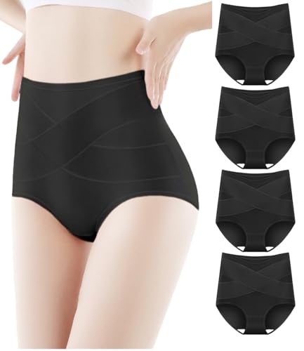 FancyTwig Women's Stylish High Waisted Cotton Breathable Thin Underwear Full Coverage Tummy Control Briefs 4 Pack (US, Alpha, Large, Regular, Regular, Black,Black,Black,Black) - image 1