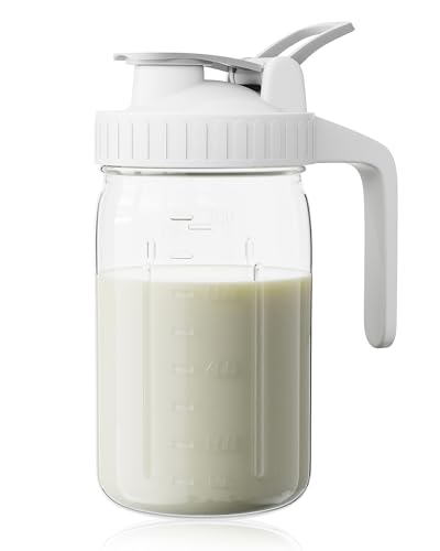 Image of Breast Milk Pitcher, Mason Jar 32 oz, Heavy Duty Wide Mouth Jar with White Flip Cap Lid and Pour Spout, Airtight Seal for Freshness and Convenience, Formula Pitcher Great for Cold Beverages