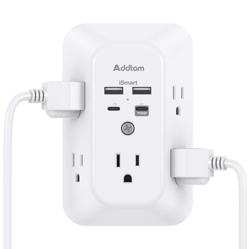 Outlet Extender Surge Protector - Addtam 5-Outlet Splitter with 4 USB Wall Charger(PD 30W), Multi Plug Wall Outlet Power Strip for Home, Dorm Room Essentials