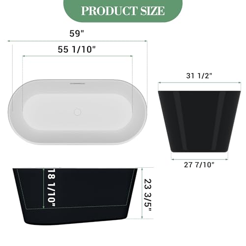 Image of 59 Inch Freestanding Bathtub, Acrylic, Deep Soaking Tub with Non-Slip Base, Modern Black Free Standing Tub for Bathrooms, cUPC Certified with Chrome Drain
