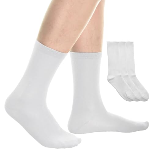 3 Pairs Men's Dress Socks Thin Cotton Casual Fashion Crew Mid Calf White 10-13 Solid Classic Soft Comfort Trouser Work Travel Stylish Cuff Design Lightweight Breathable3