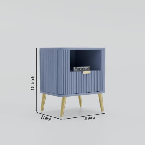Image of Premium HDMR Wood Bedside Table with 1 Drawer & Open Storage Shelf, Fluted Nightstand with Golden Legs for Bedroom, Modern End Table, for Living Room | Grey Finish, Set of 2