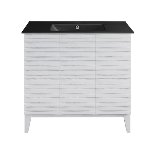 Image of Swiss Madison Cascade 36 in. White Oak Bathroom Vanity with Black Ceramic Sink Top