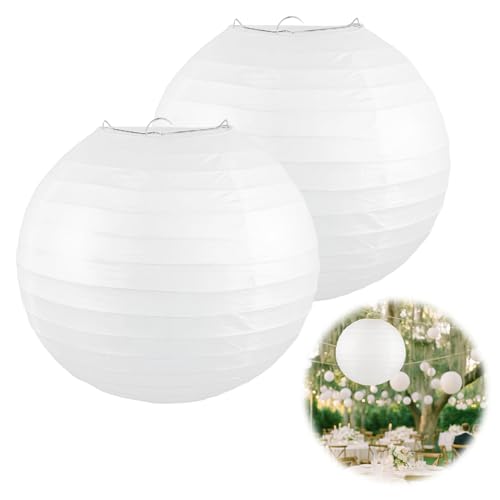 2 Stück Lampions Weiß 20 cm, Papierlampenschirm Rund, Faltbarer Papierlampion Lampenschirm für Hochzeit, Party, Garten & DIY-Dekoration
