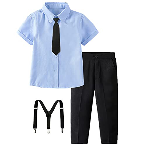 Image of amropi Boy Tuxedo Outfit 5-Piece Long Sleeve Bow-Tie Shirt and Suspender Pants Set for Age 1-13 Years